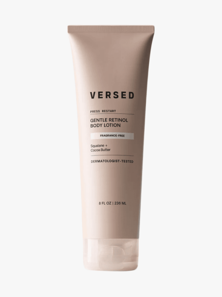 Versed Press Restart Gentle Retinol Body Lotion in branded tube component on a light gray background